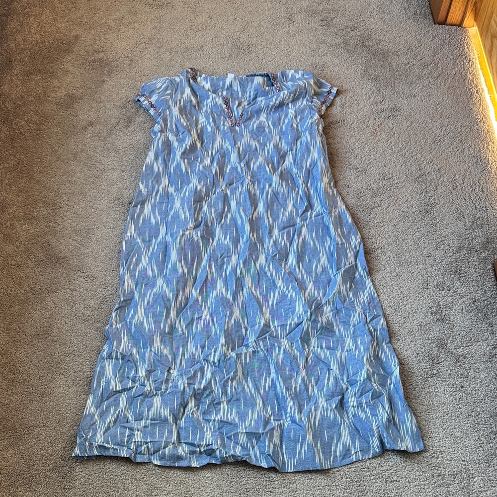 Pure Jill Ikat Print Midi Dress Blue White Embroidered Short Sleeve SIZE S